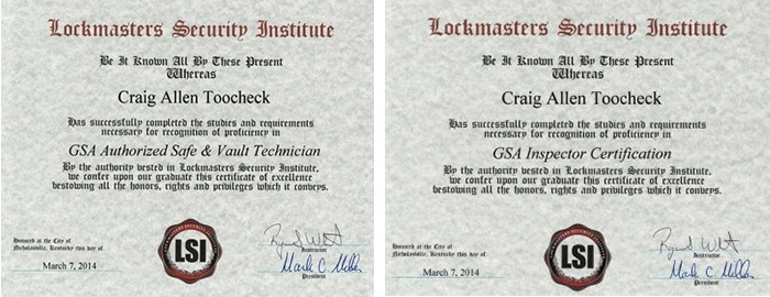 Craig Toocheck's GSA certifications