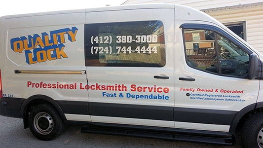 The official Quality Lock Mobile Locksmith Van travelling from client to client in Monroeville, PA.